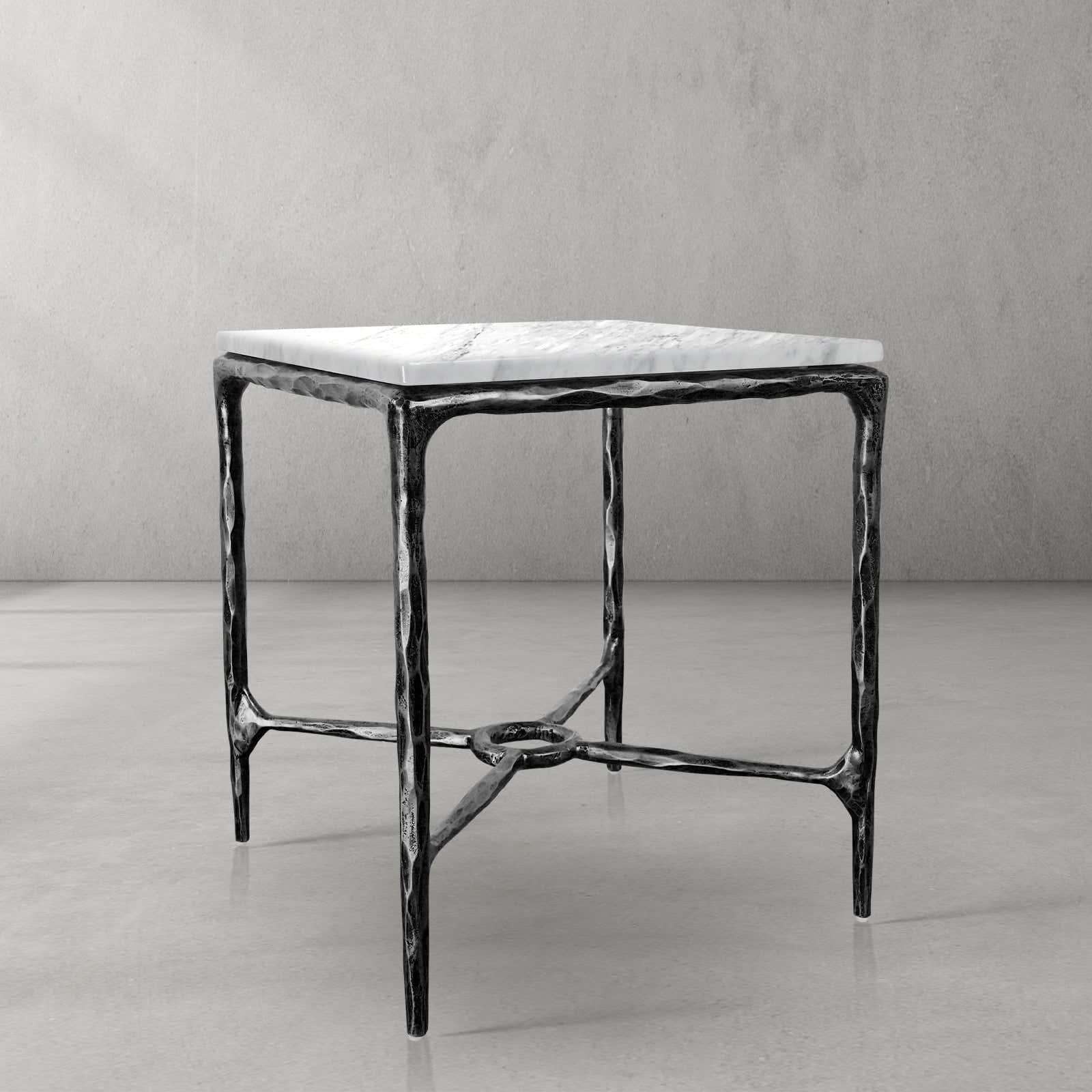 Hand-Forged Metal Mabrble Square Side Table 18" 22" Overhang O