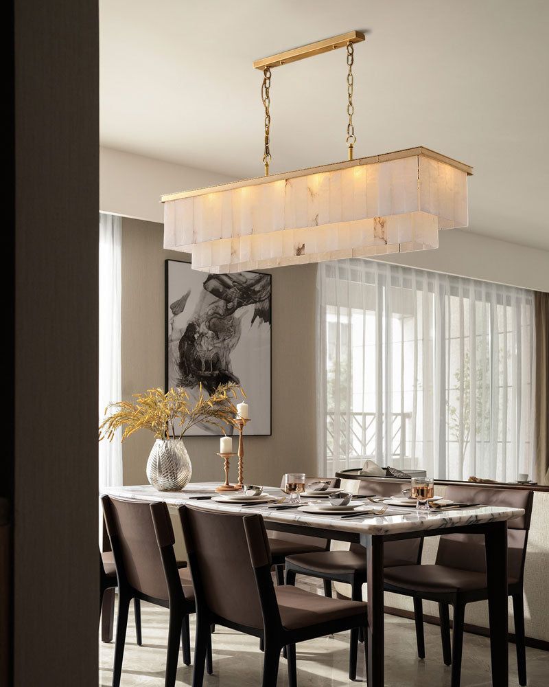 Modern White Alabaster Shade Multi-Layer Rectangle Chandelier