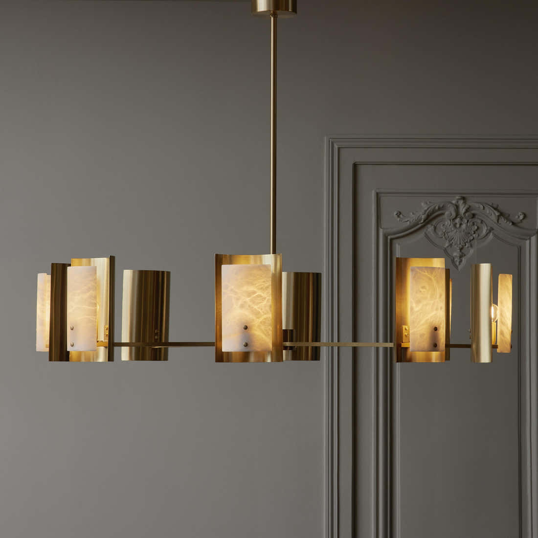 Brass and Alabaster Shield Chandelier