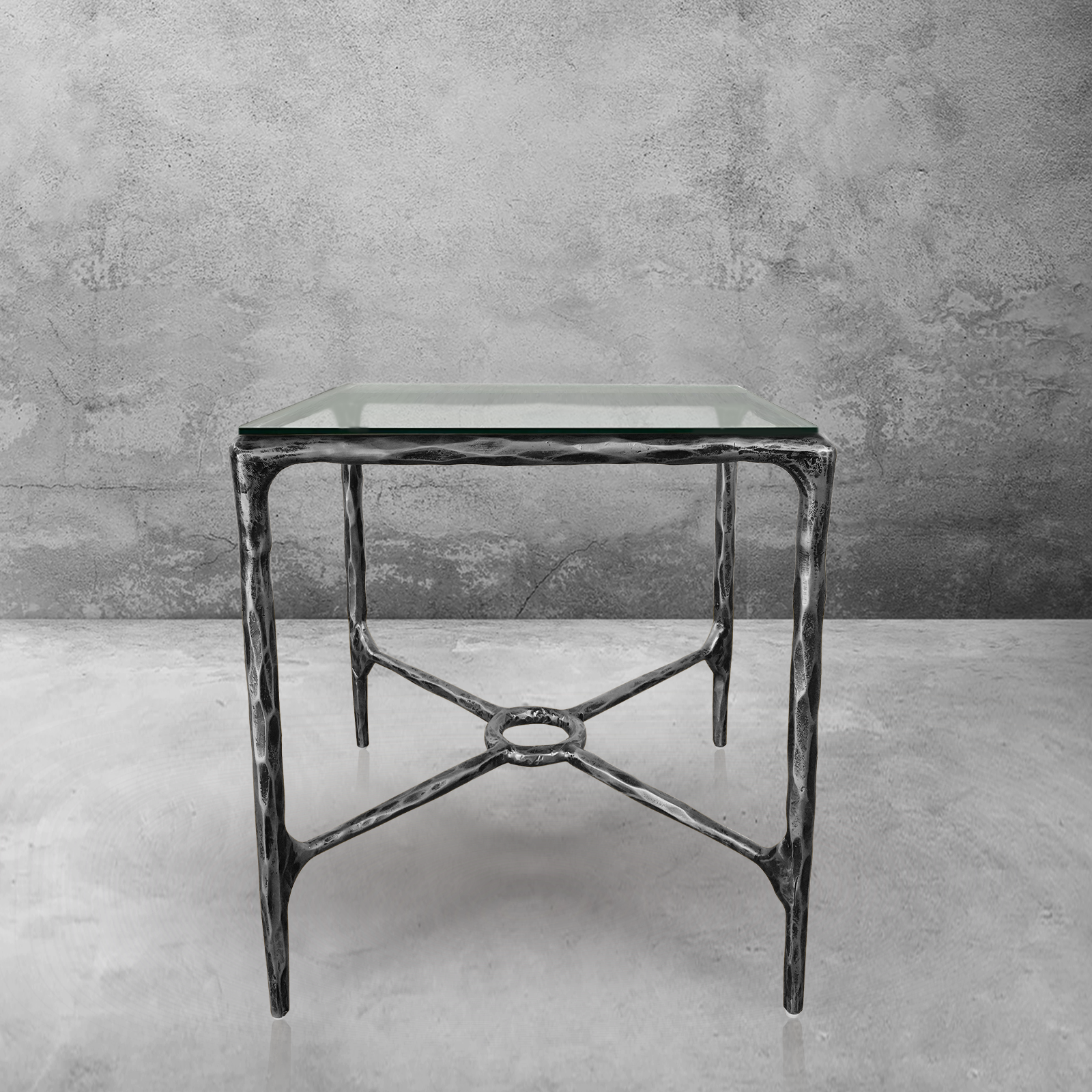 Hand-Forged Metal Glass Square Side Table Overhang O