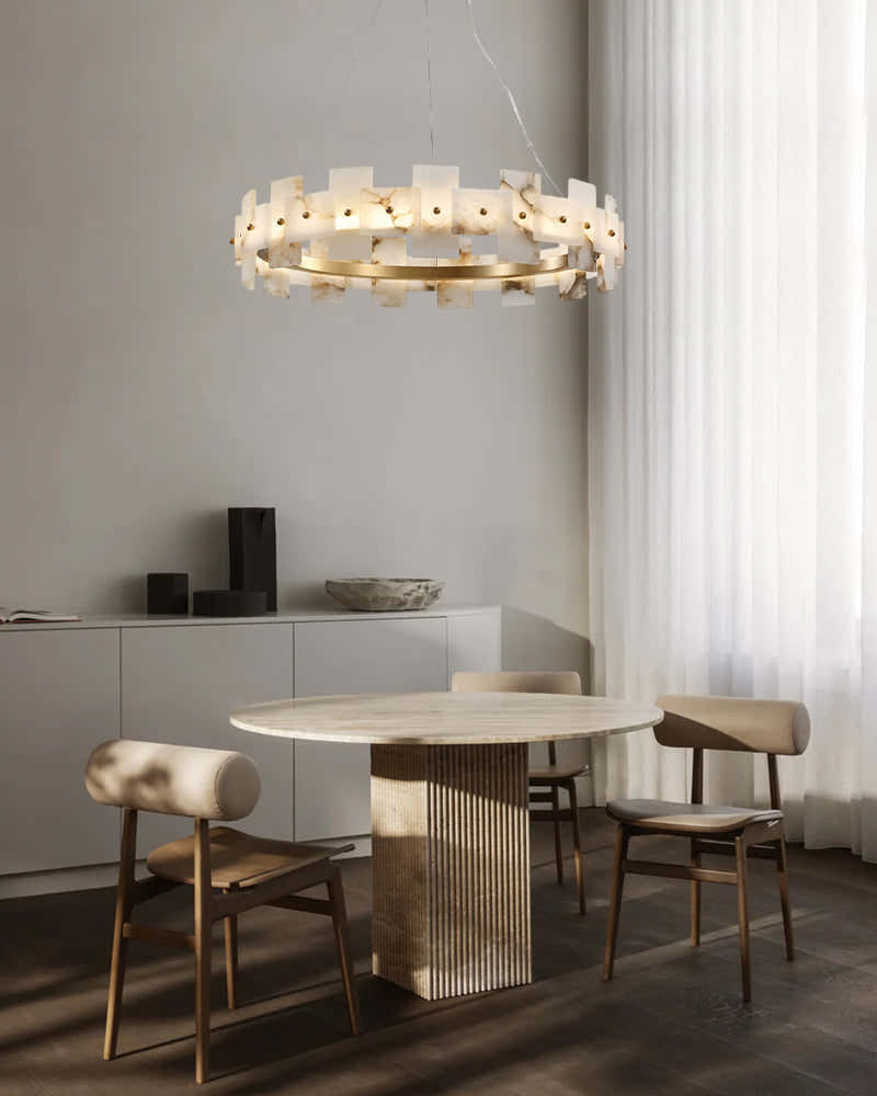 Antique Brass Ring Frame Round Halo Alabaster Modern Lighting Chandelier Wide 31"
