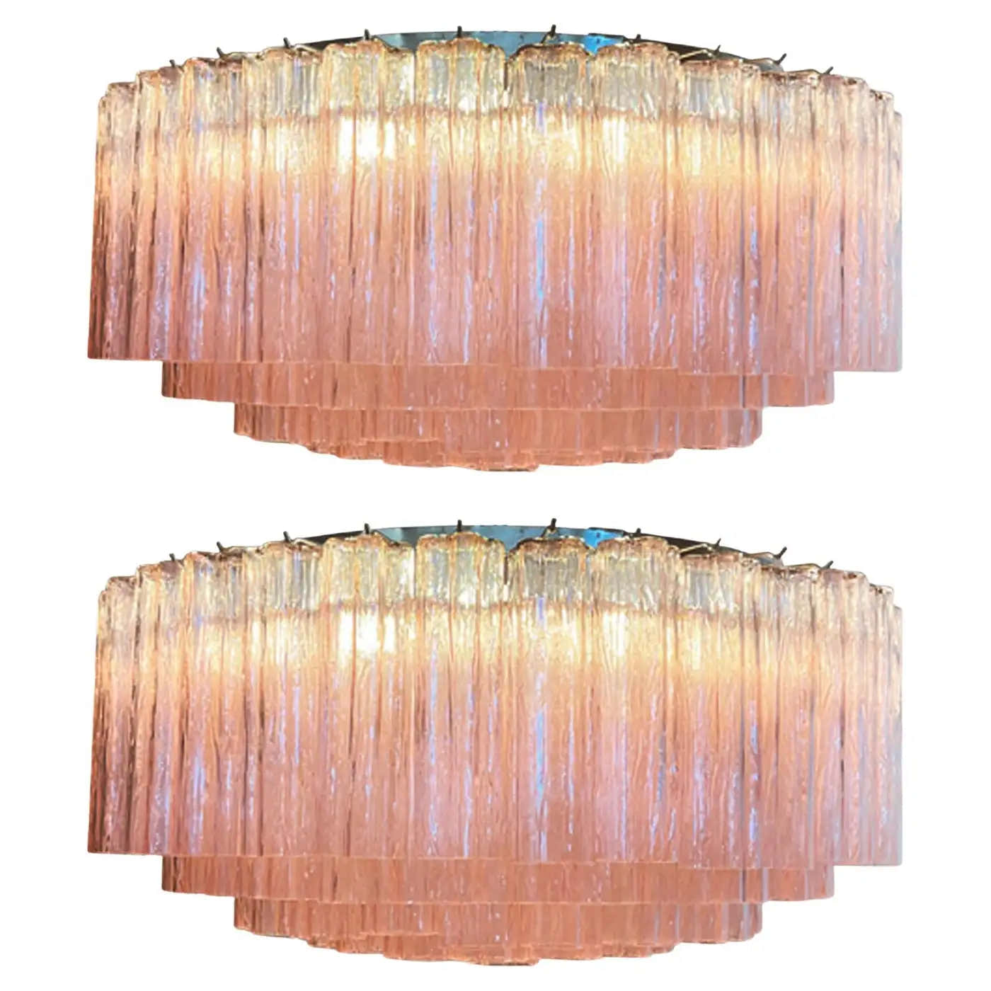Pair Magnificent Murano Glass Chandeliers, 101 Pink Tube Glasses