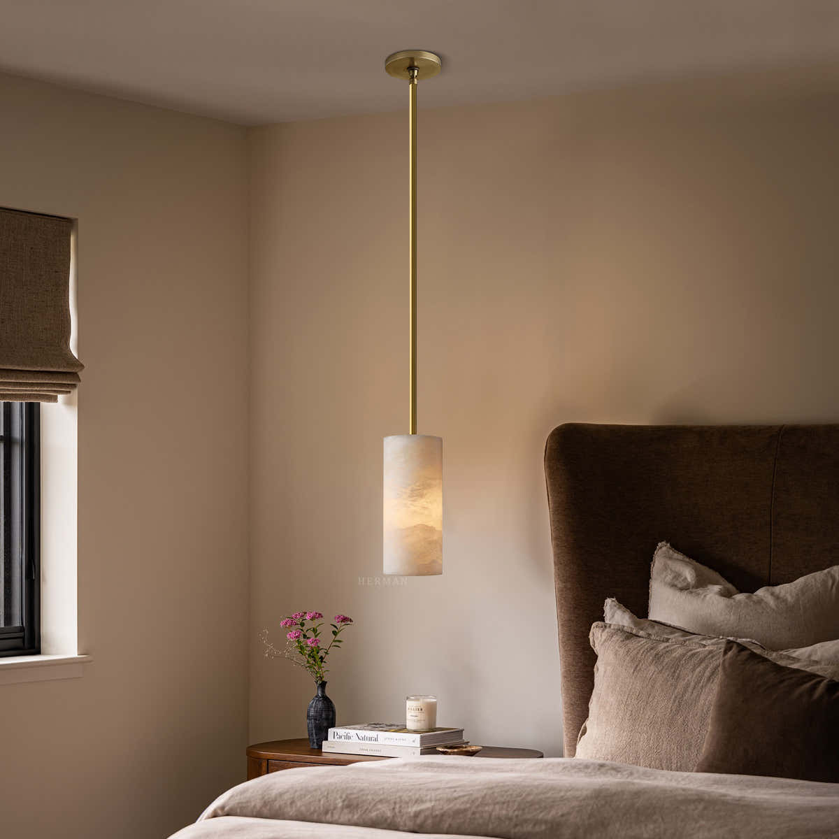 Hand Carved Alabaster Cylinder Pendant Light