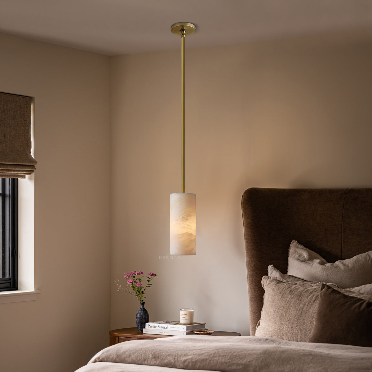 Hand Carved Alabaster Cylinder Pendant Light