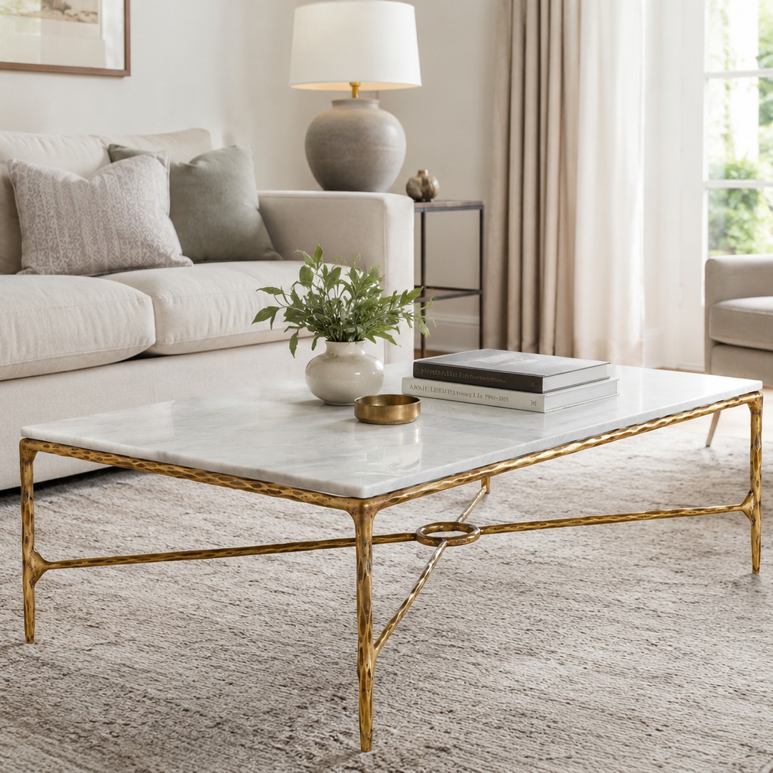 Hand-Forged Metal Rectangle Marble Coffee Table