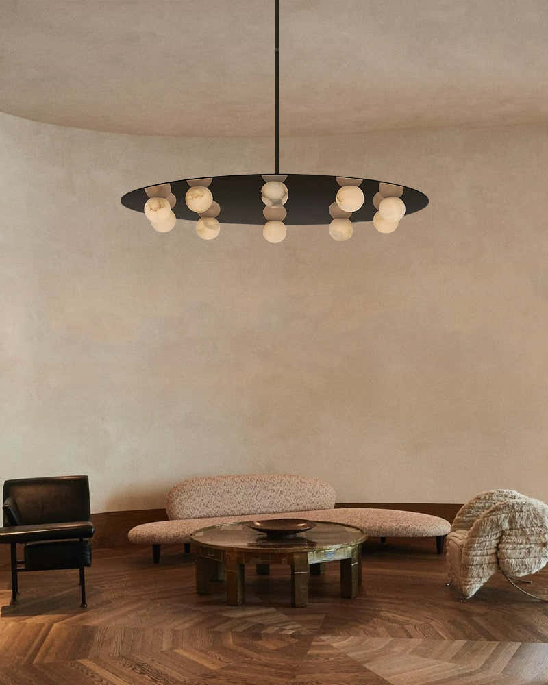 Alabaster Globes LED Disc Pendant Light in Lacquered Brass/Black Stainless Frame