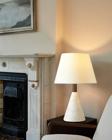 Art Design Arteriors Everly Alabaster Table Lamp Wide 15" with White Linen Fabric Lampshade