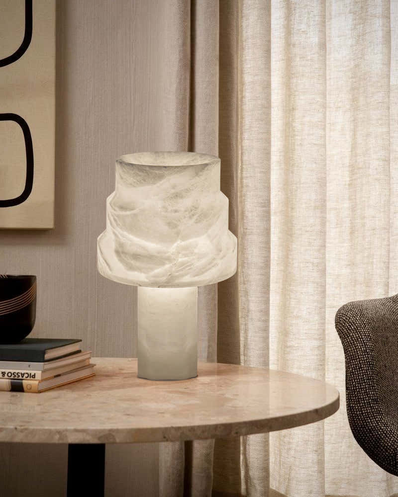 Nature Inspired Cylinder White Alabaster Short Table Lamp 8in for bedroom