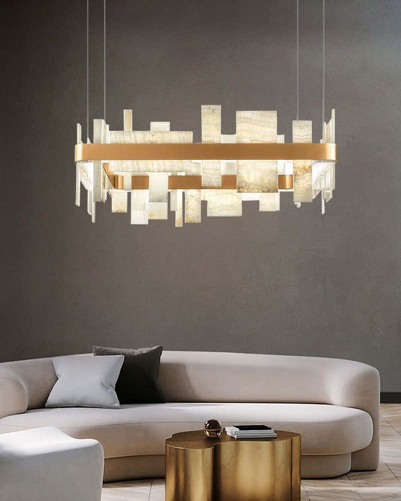 Long Cord Alabaster Ceiling Pendant Light Brushed Gold