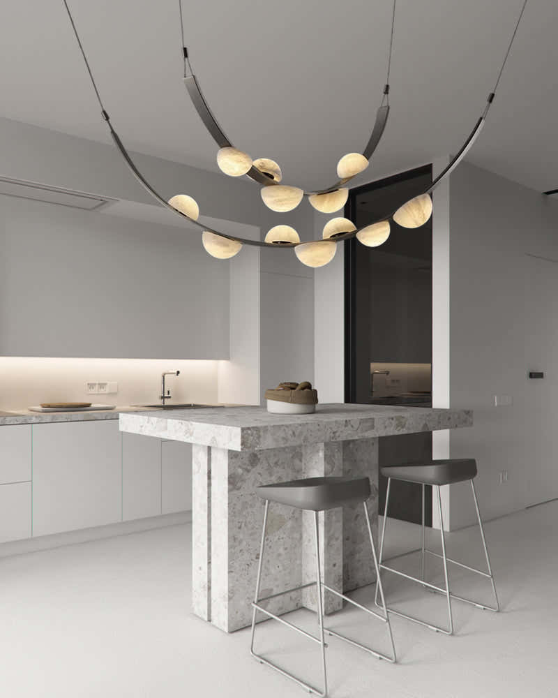 Leather pendant lamps with semicircular marble diffusers on a U-shaped strip metal base