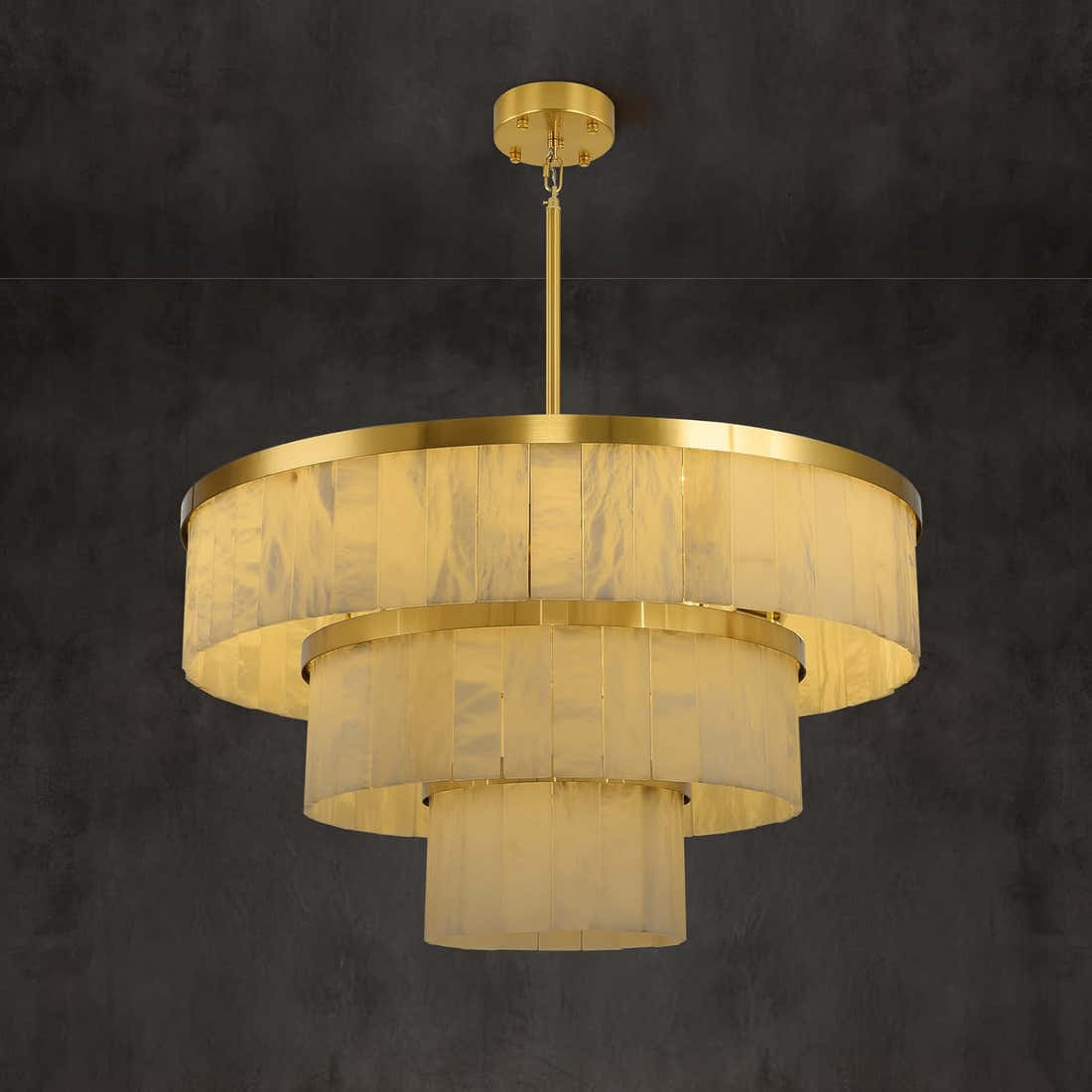 Modern 3-Tier Round Alabaster Chandelier-Gold 34"D