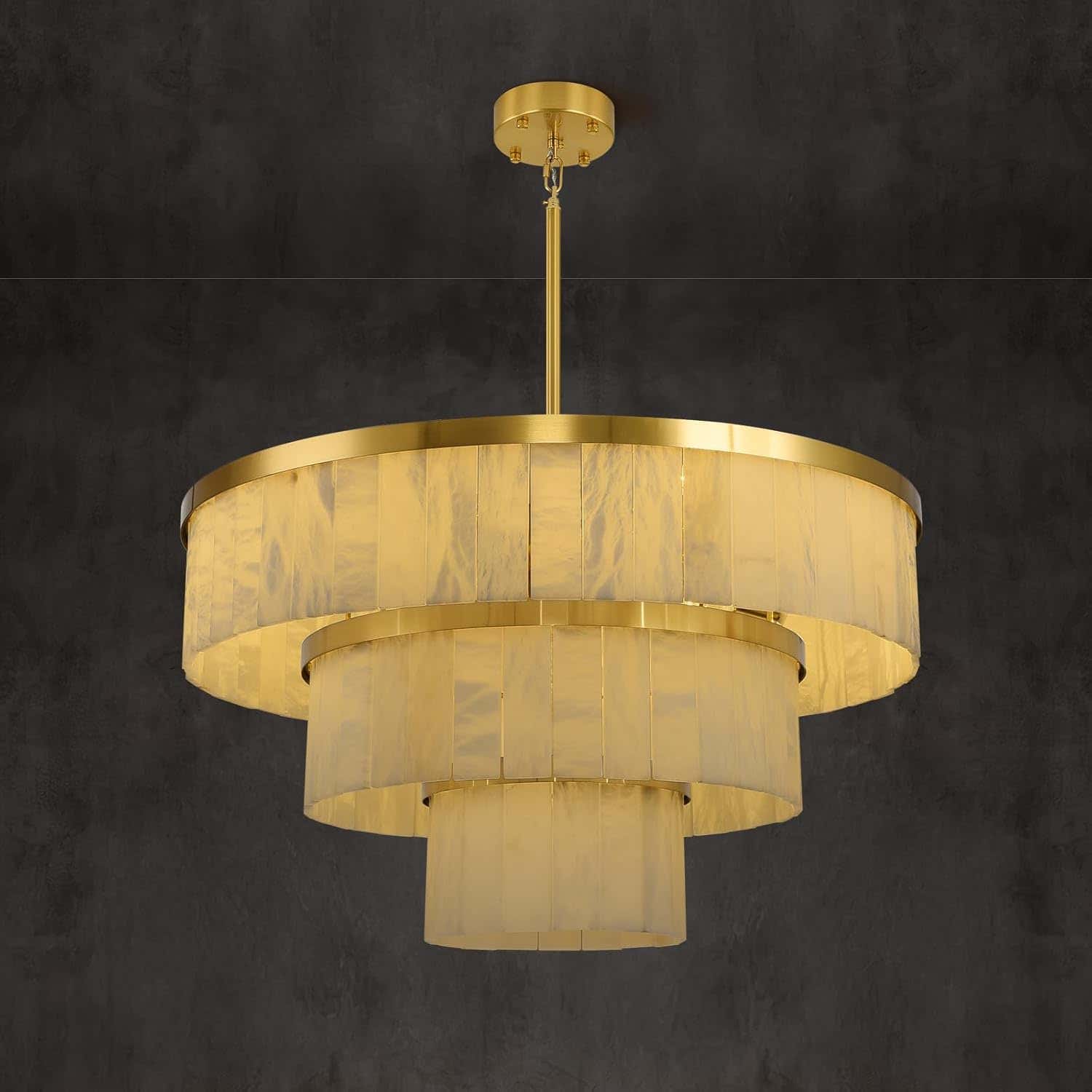 Modern 3-Tier Round Alabaster Chandelier-Gold 34"D
