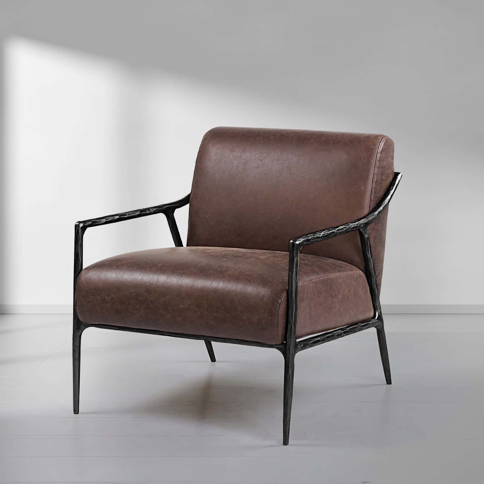 Hand-Forged Metal Brown Leather Accent Chair