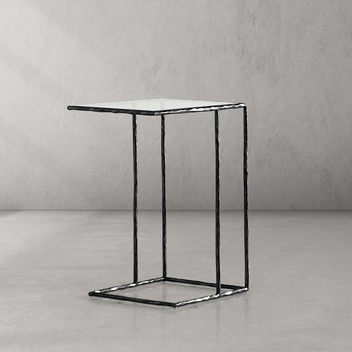 Hand-Forged Metal Glass C-Shaped Side Table