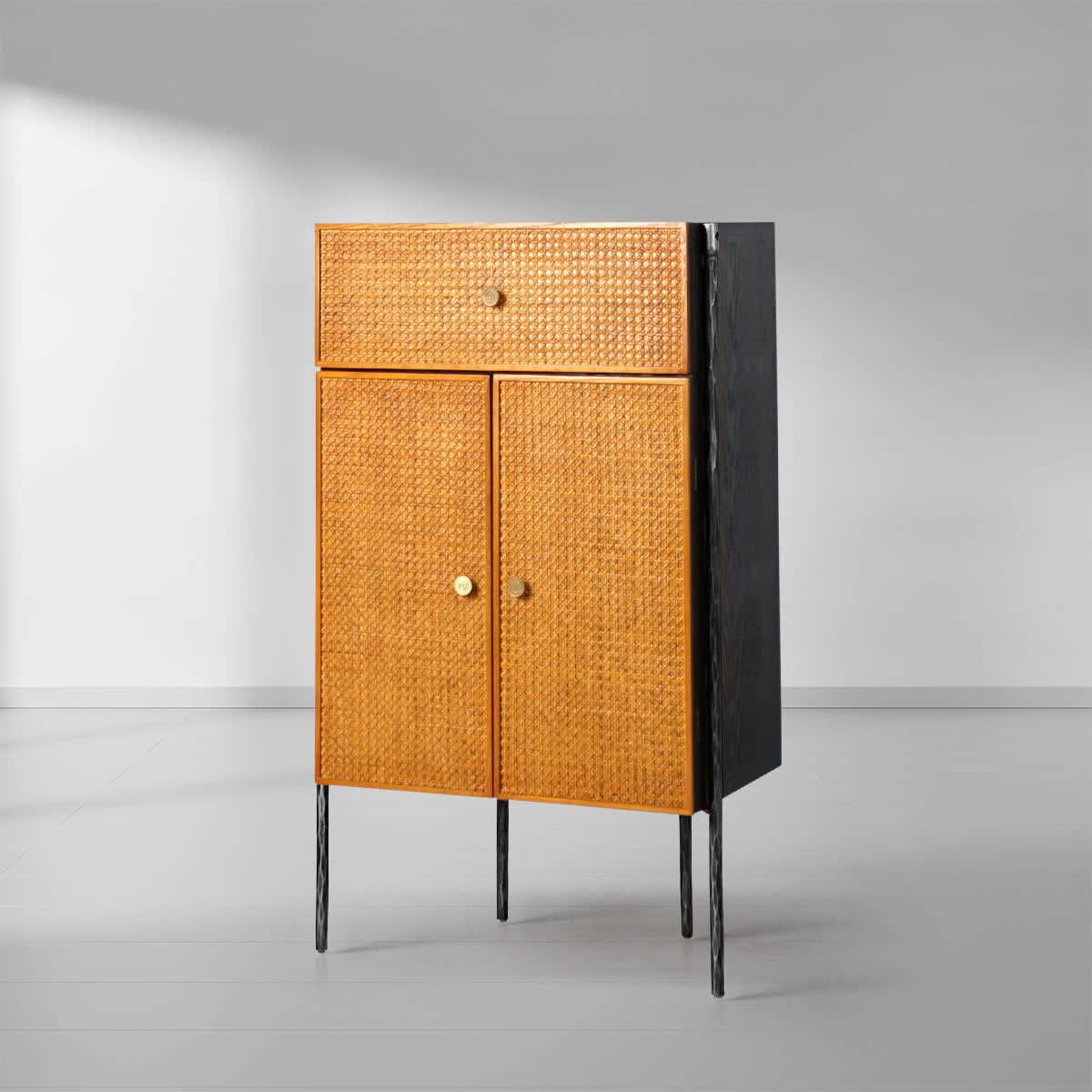 Hand-Forged Metal Metal Frame Rattan Side Cabinet