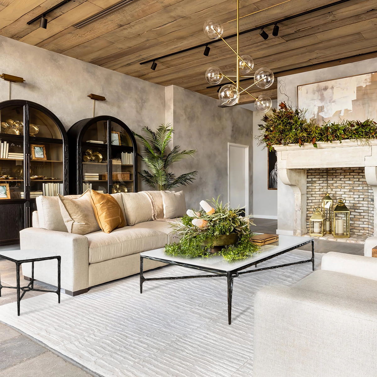 Hand-Forged Metal Rectangle Marble Coffee Table