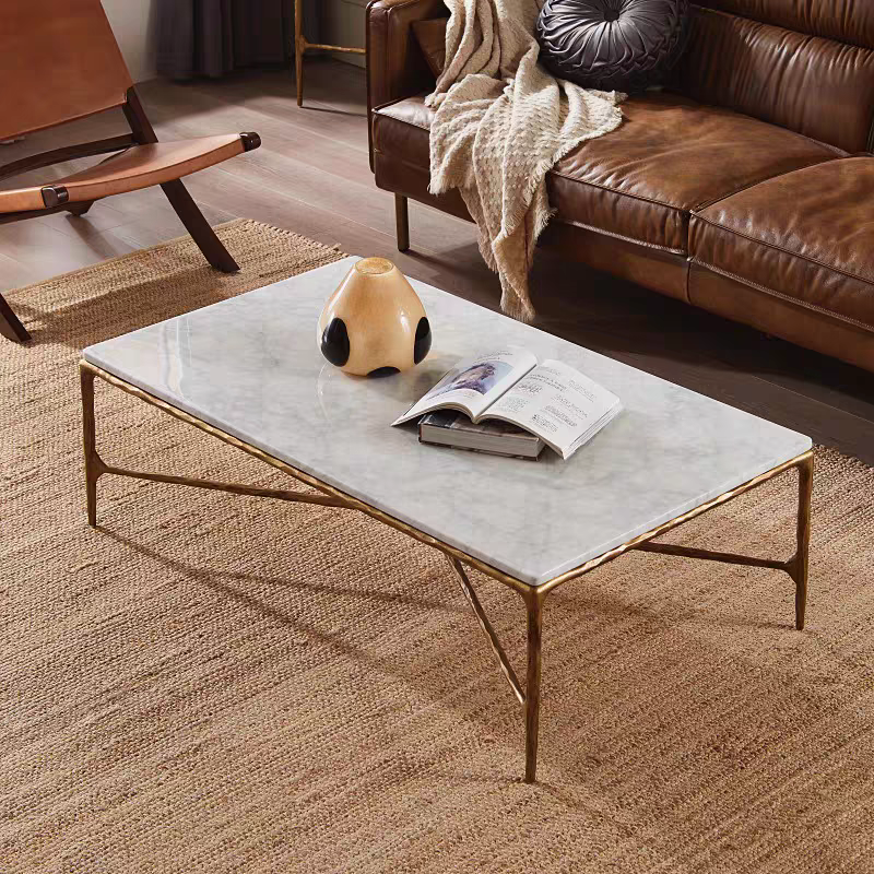 Hand-Forged Metal Rectangle Marble Coffee Table