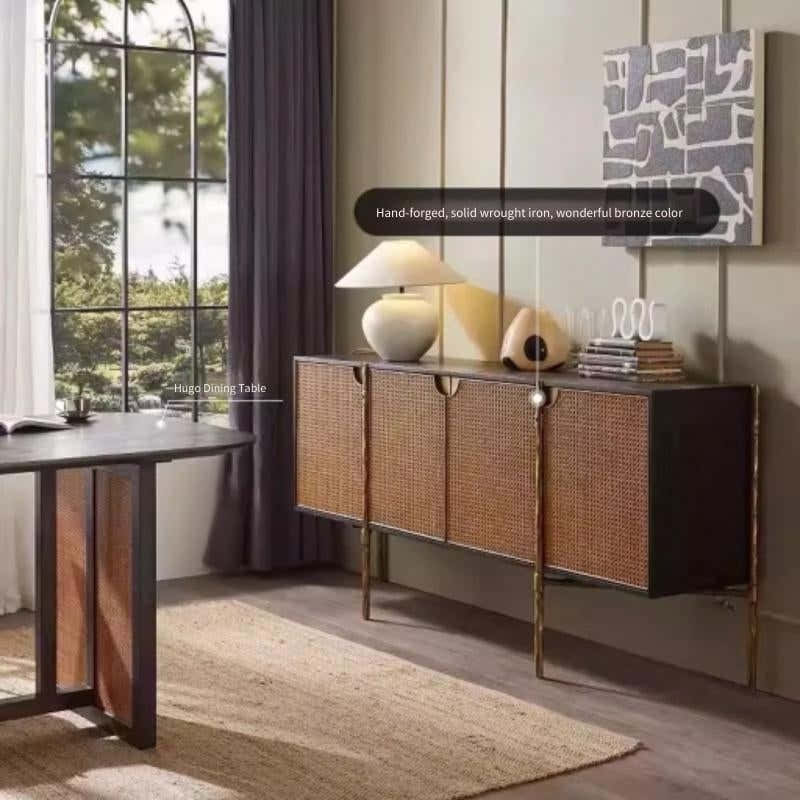 Hand-Forged Metal Metal Frame Rattan 6-Drawer Side Cabinet