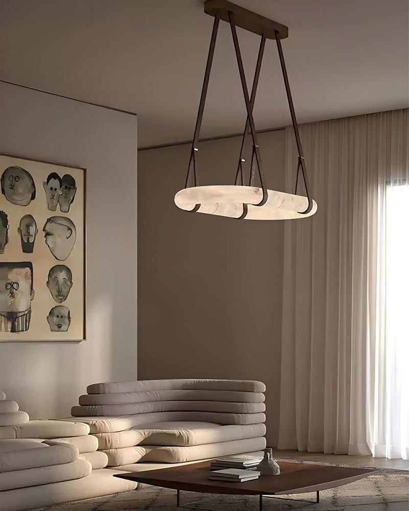 Oval Alabaster LED Large Pendant lamp with adjustable leather, Dia 16/24"