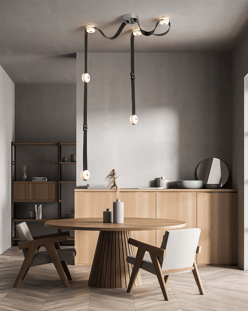 LED Mini SNAPS Module Ceiling Alabaster Pendant Light with Brown Leather Straps