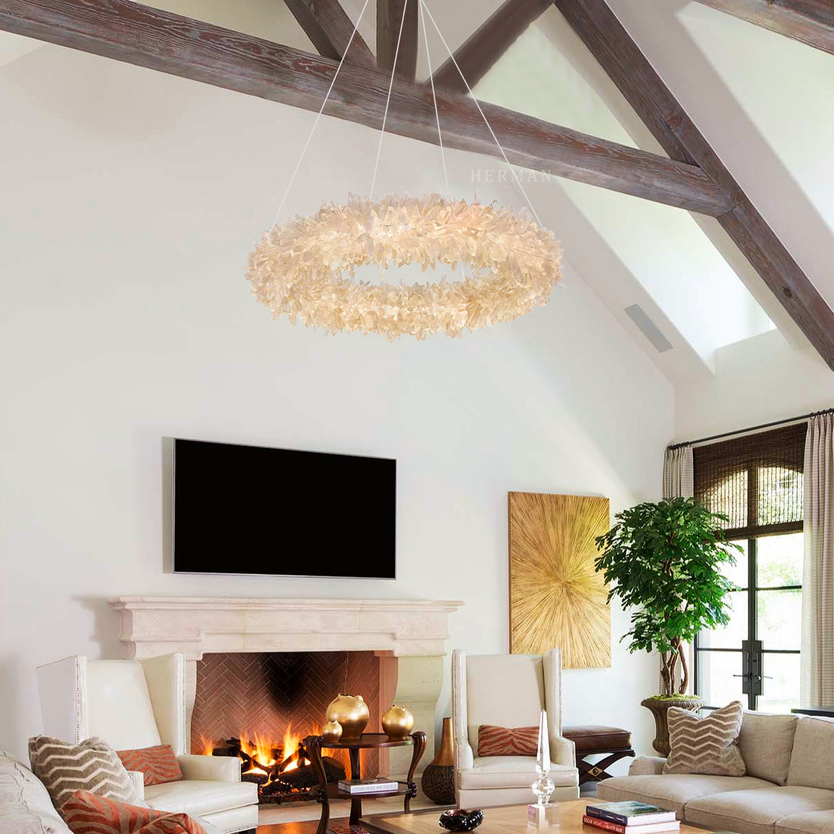 24-47 Inch Round Clear Geode Quartz Crystal Ring Pendant Light Modern Chandelier for Living Room