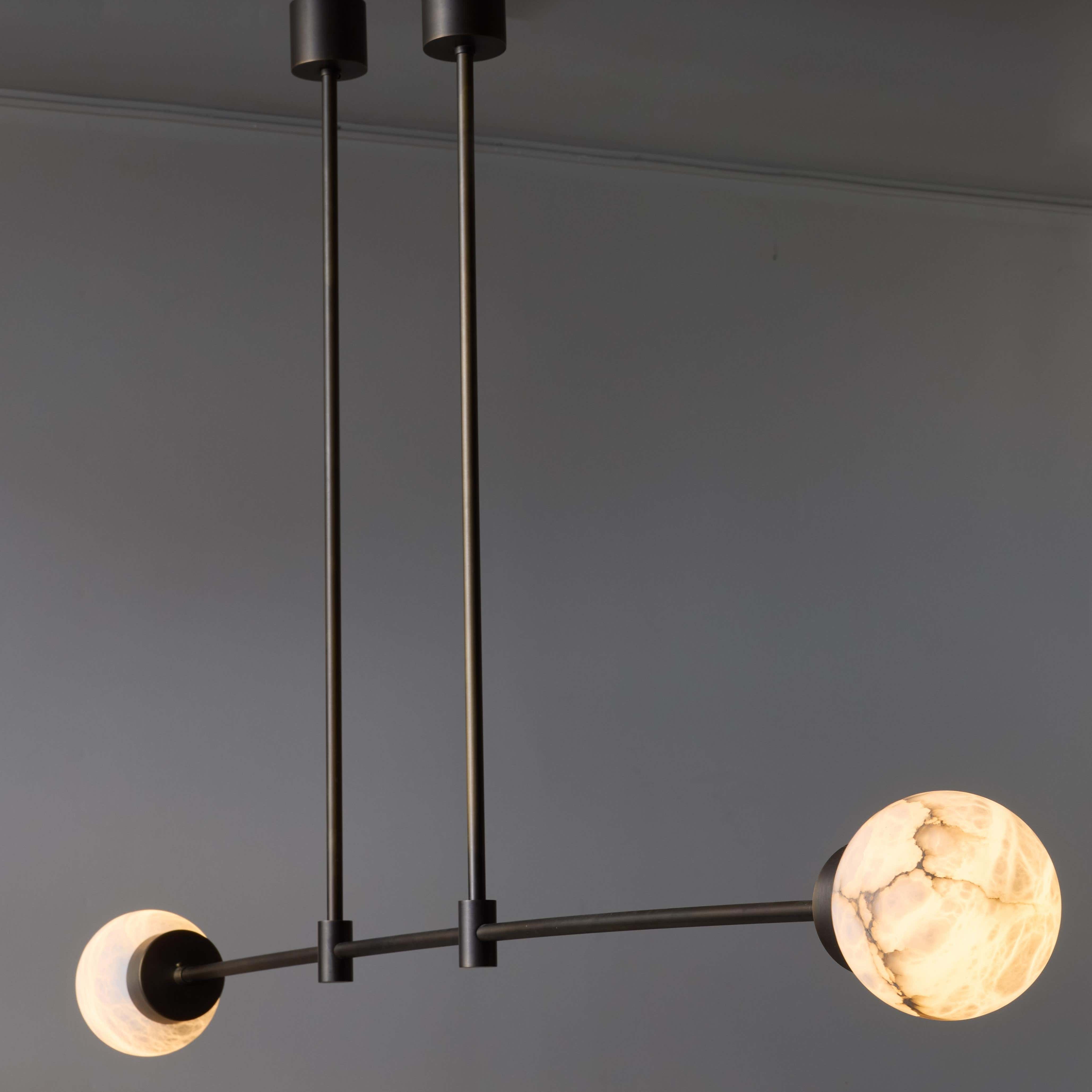 Brass and Alabaster Globes Asymmetrical Line Chandelier