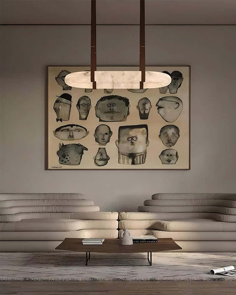 Oval Alabaster LED Large Pendant lamp with adjustable leather, Dia 16/24"