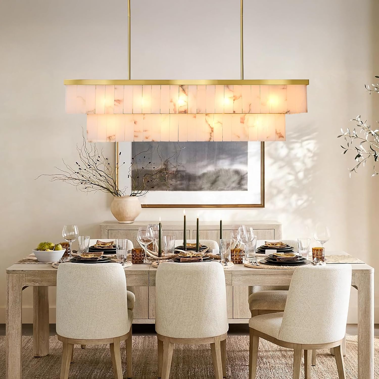 2-Tier Rectangle Alabaster Chandelier
