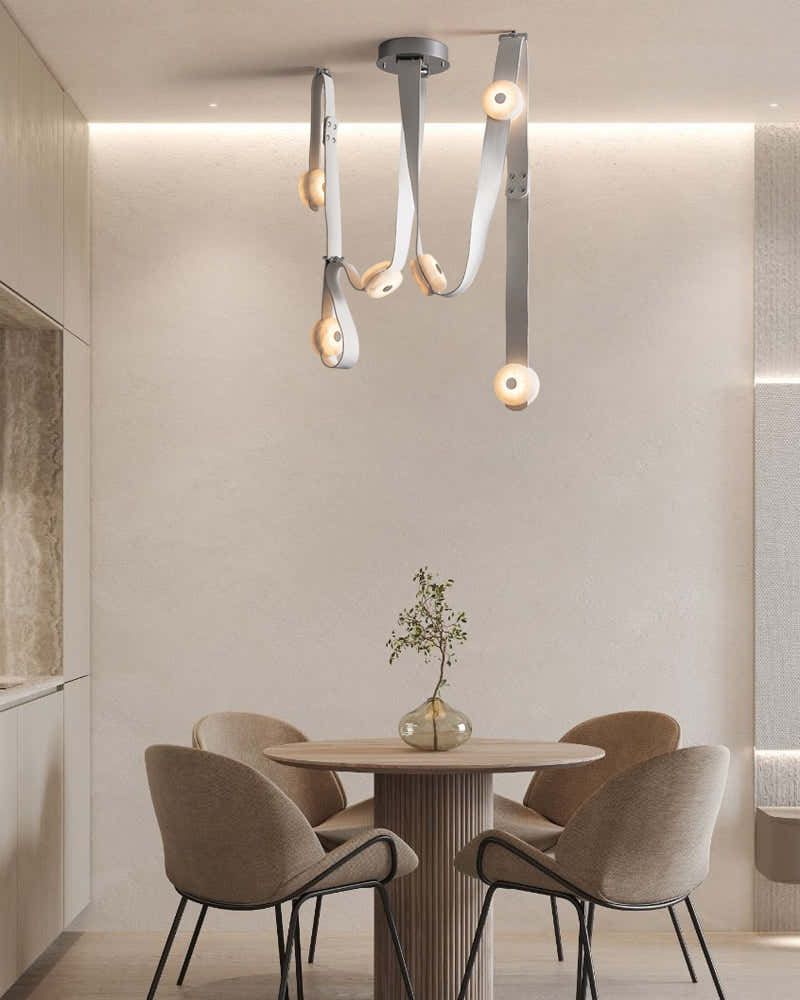 LED Mini SNAPS Module Ceiling Alabaster Pendant Light with Brown Leather Straps