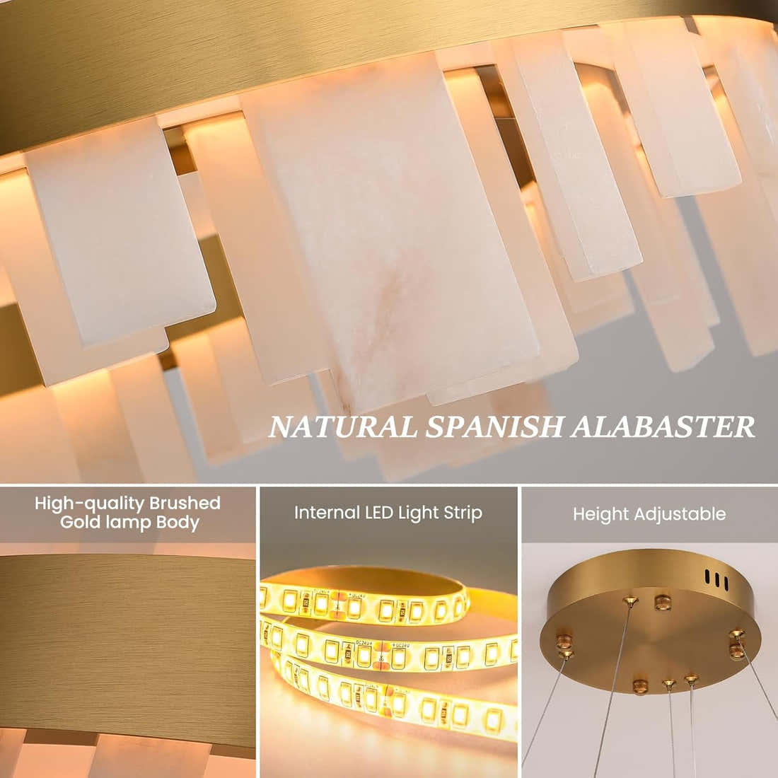 Alabaster Round Chandelier, D24 Inch Natural Spanish Marble Stone Texture Chandeliers