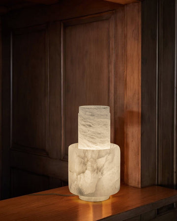 Nature Inspired Cylinder White Alabaster Short Table Lamp 8in for bedroom