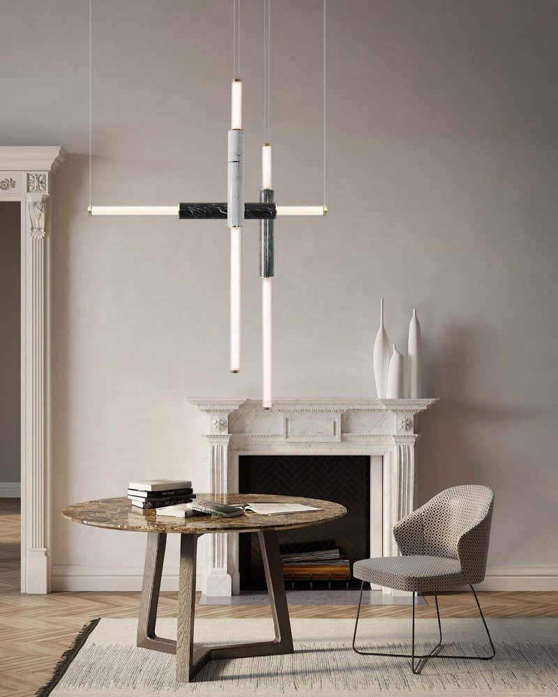 Linear Pipe Alabaster & Acrylic Pendant Light for dining room | vertically & horizontally
