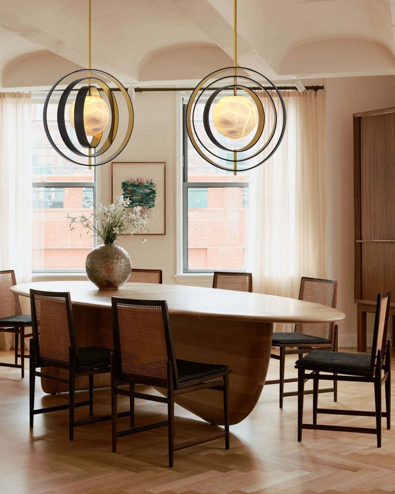 White Alabaster Round Ceiling Pendant Lamp - Gold & Bronze Rotatable Ring