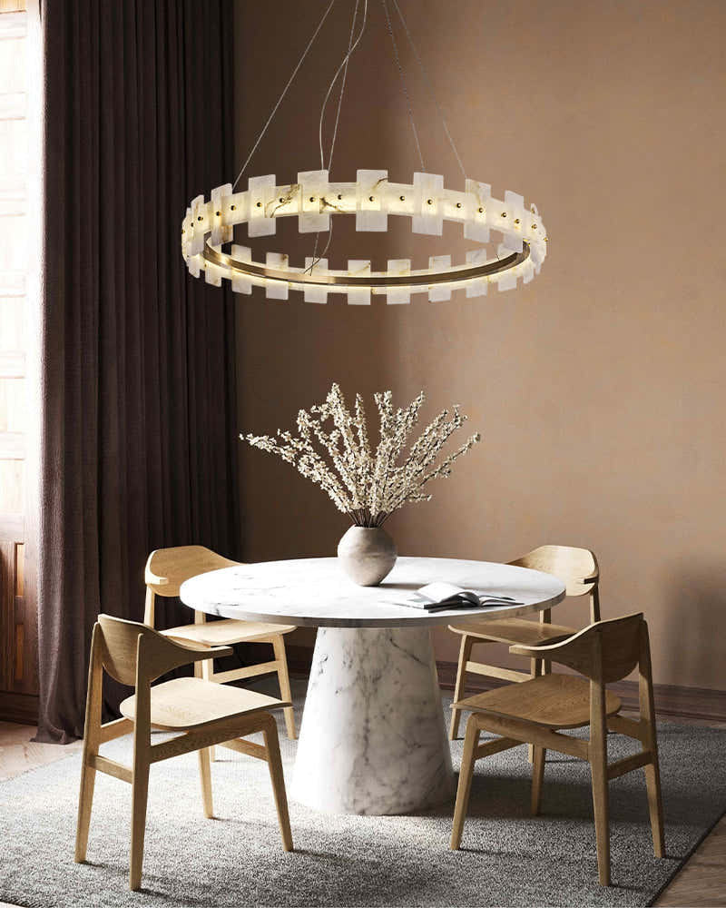 Antique Brass Ring Frame Round Halo Alabaster Modern Lighting Chandelier Wide 31"