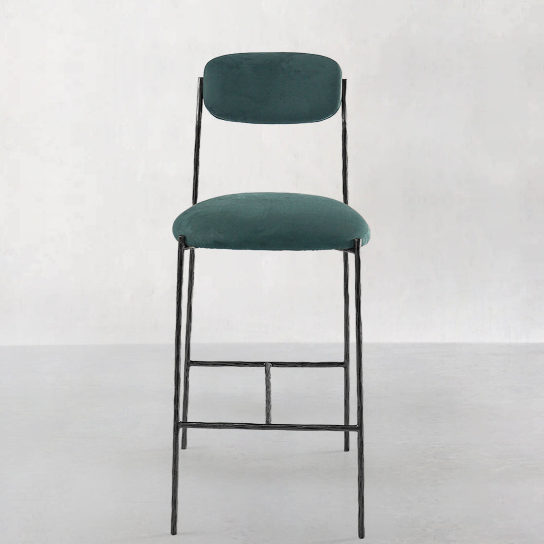 Hand-Forged Metal Green Fabric Bar Stool