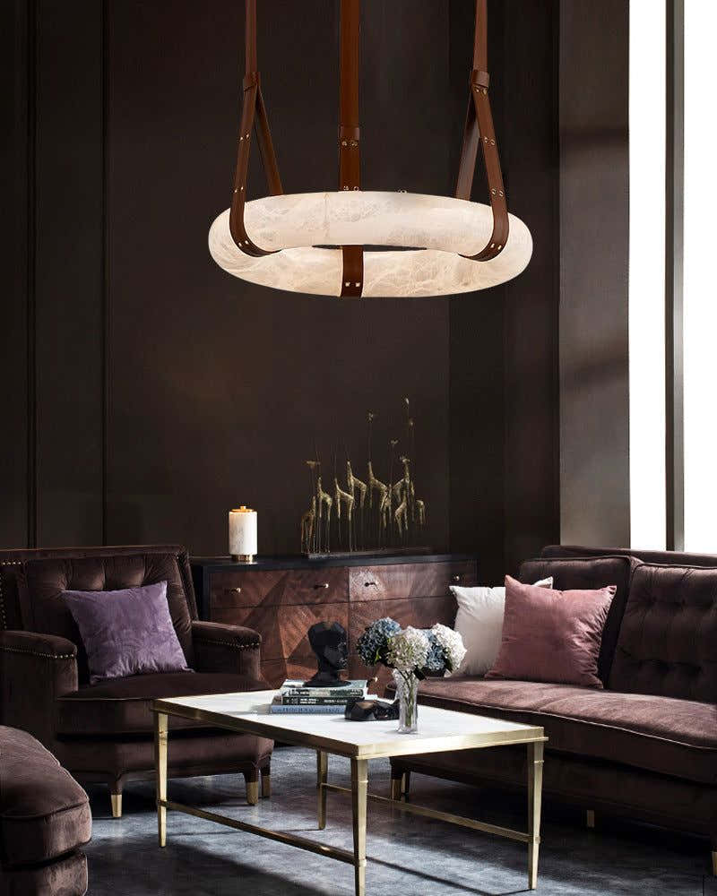 Round LED White Marble Pendant lamp with adjustable leather, Dia 12/16"
