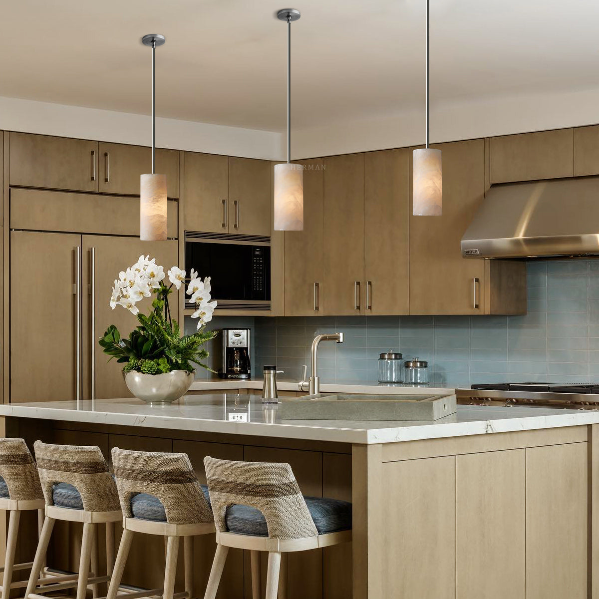 Hand Carved Alabaster Cylinder Pendant Light