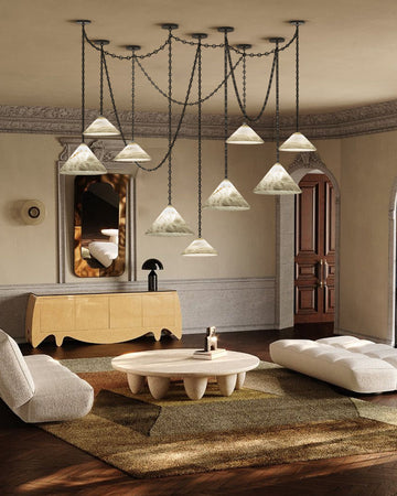 Medium 12" Conical Pendant White Alabaster Shade with Adjustable Chain for living room