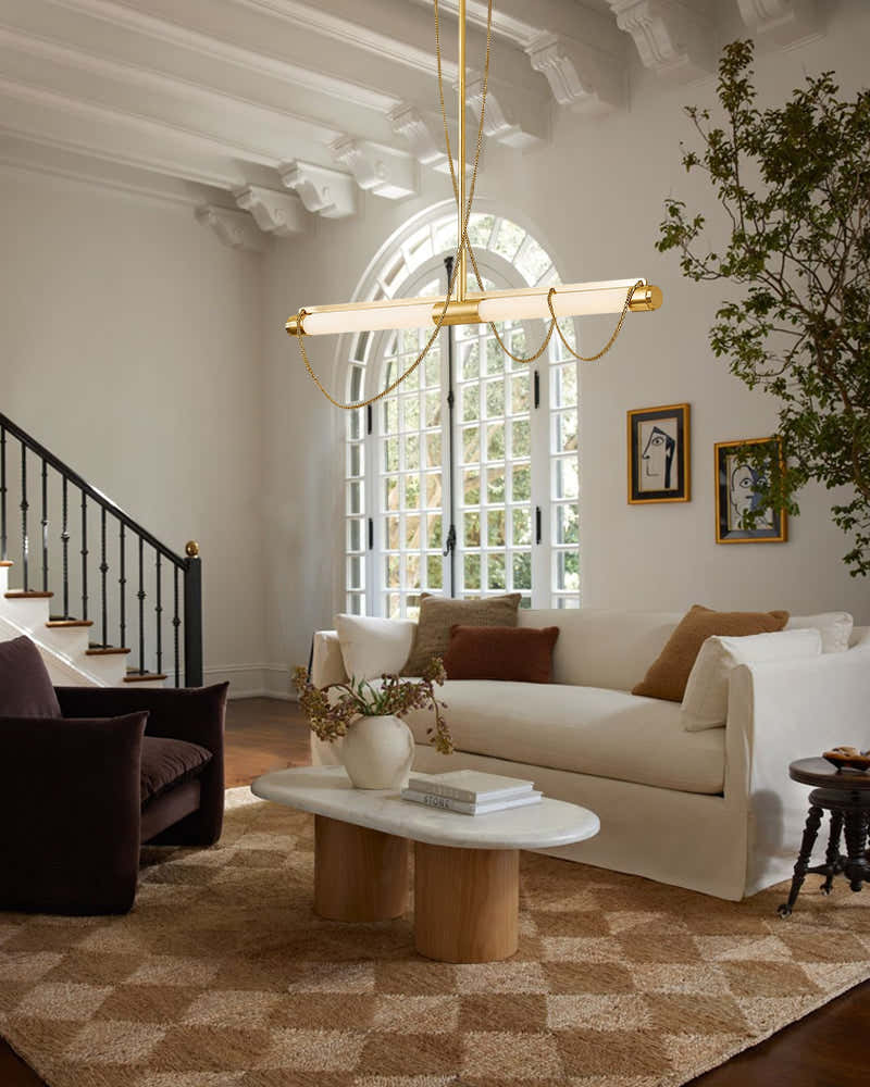 LED Tubular Alabaster Shades Ceiling Pendant Lamp 49" with long chains | Brass