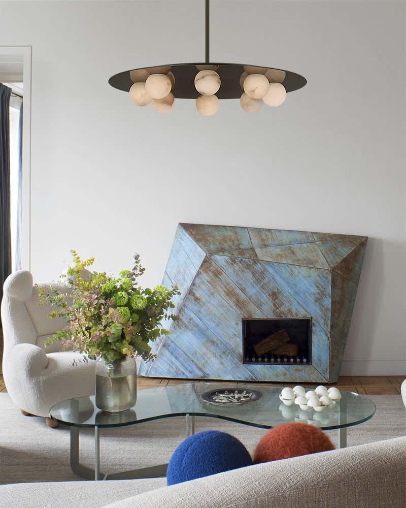 Alabaster Globes LED Disc Pendant Light in Lacquered Brass/Black Stainless Frame
