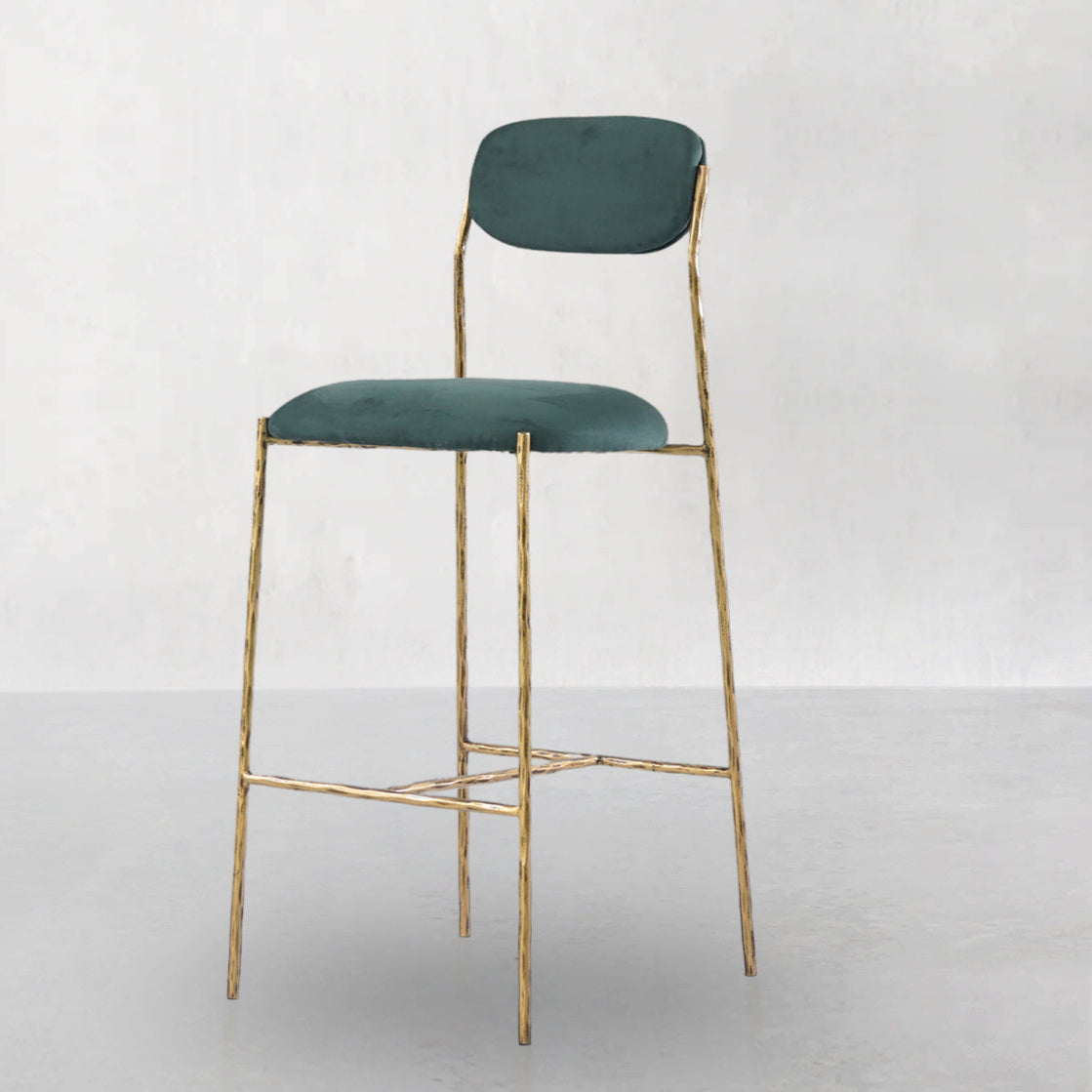 Hand-Forged Metal Green Fabric Bar Stool