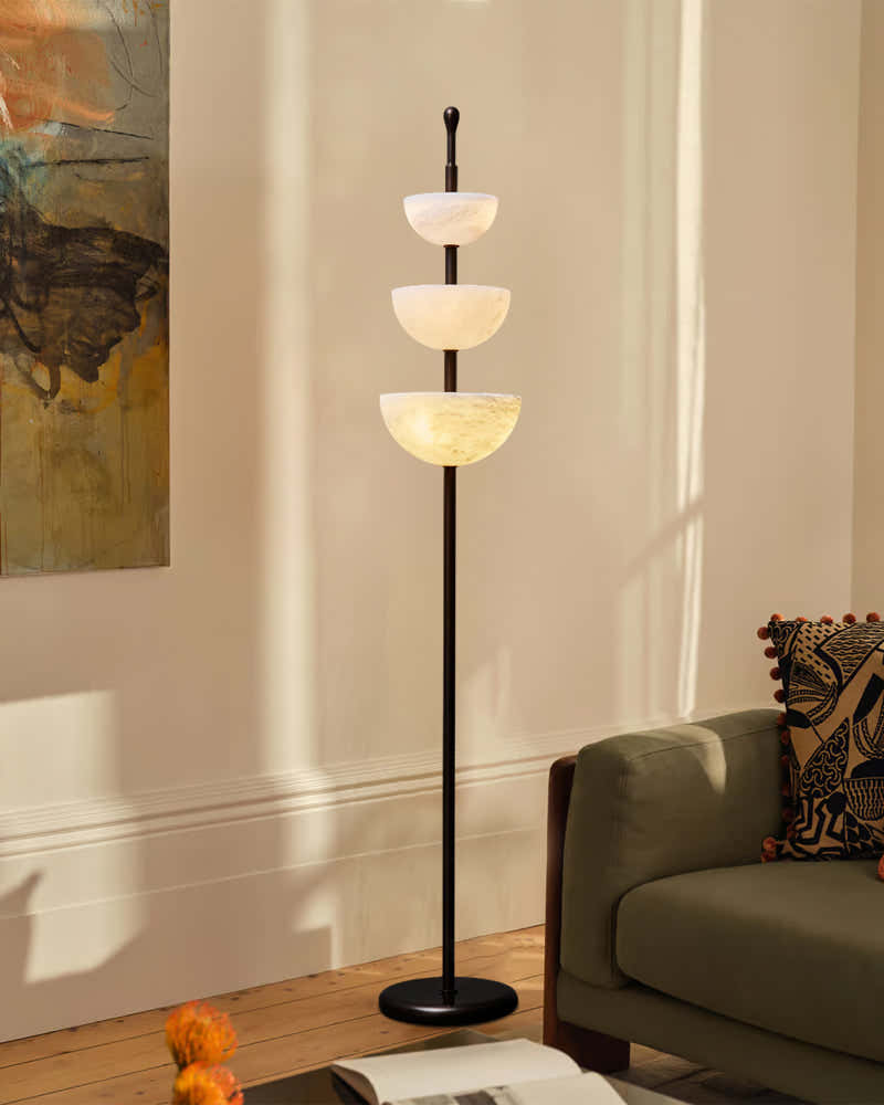 LED Bronze and Alabaster Triple Bowl Tall Floor Lamp 76in