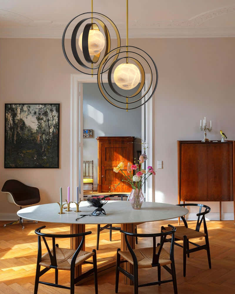 White Alabaster Round Ceiling Pendant Lamp - Gold & Bronze Rotatable Ring