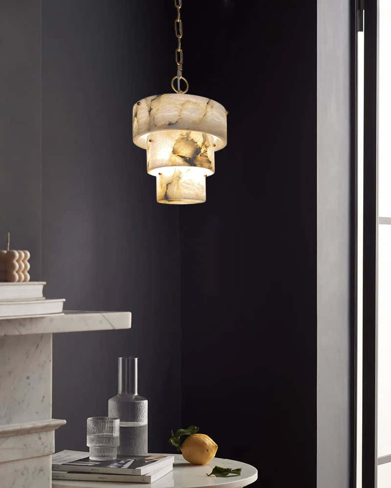 3 Tier White Round Alabaster Chain Pendant Light Fitting in Brass 10in