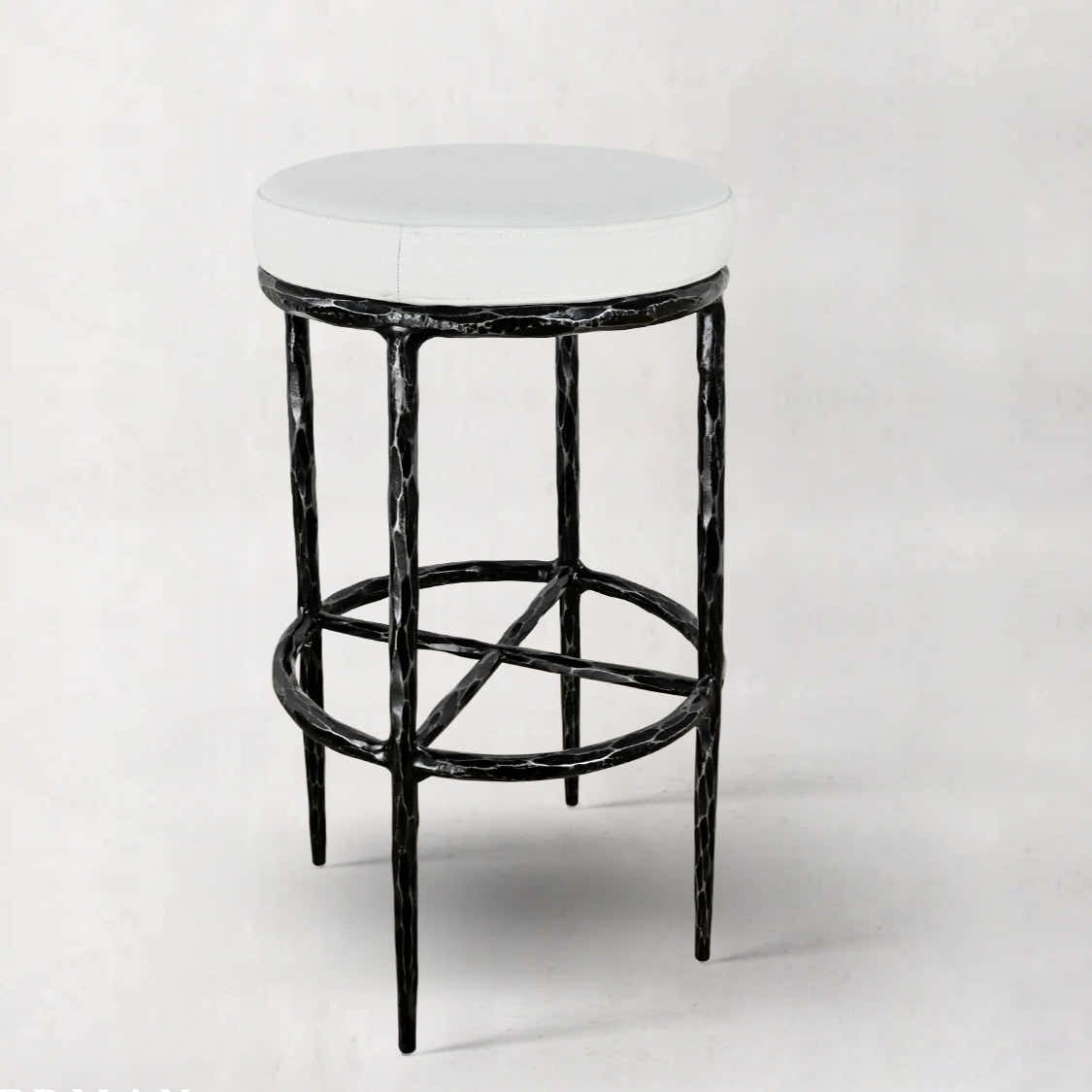 Hand-Forged Metal Backless Fabric Swivel Stool