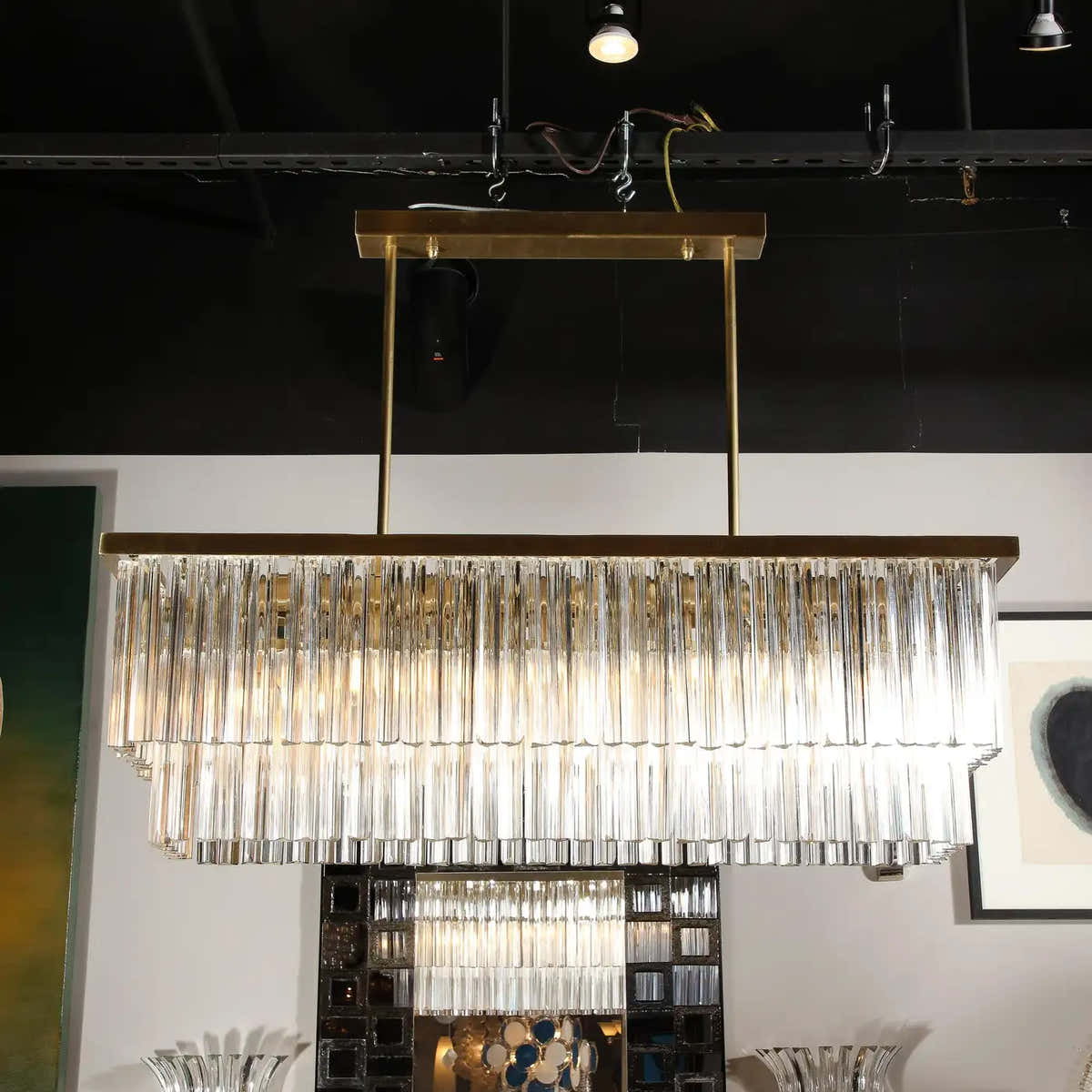 Modernist Two-Tier Transparent Triedre Murano Camer Glass Rectangular Chandelier