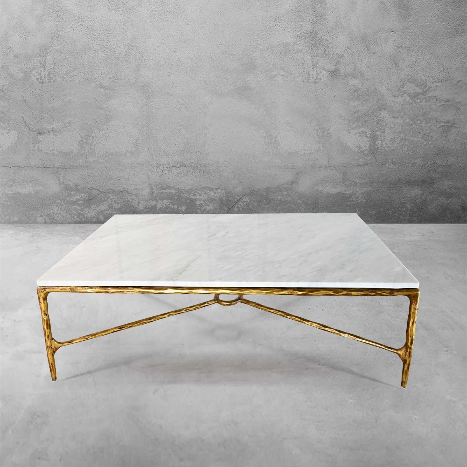 Hand-Forged Metal Rectangle Marble Coffee Table