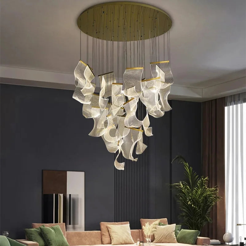 Modern Style Hotel Villa Stairs Bronze Iron Ceiling Light Hanging Acrylic LED Pendant Light