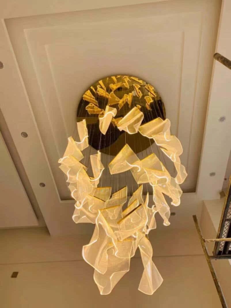 Modern Style Hotel Villa Stairs Bronze Iron Ceiling Light Hanging Acrylic LED Pendant Light