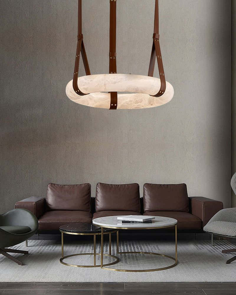 Oval Alabaster LED Large Pendant lamp with adjustable leather, Dia 16/24"